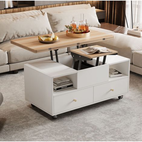 Table basse relevable 100x50x47,5 cm bois naturel en MDF avec 4 tiroirs et roulettes, convertible et pliable (1/5)