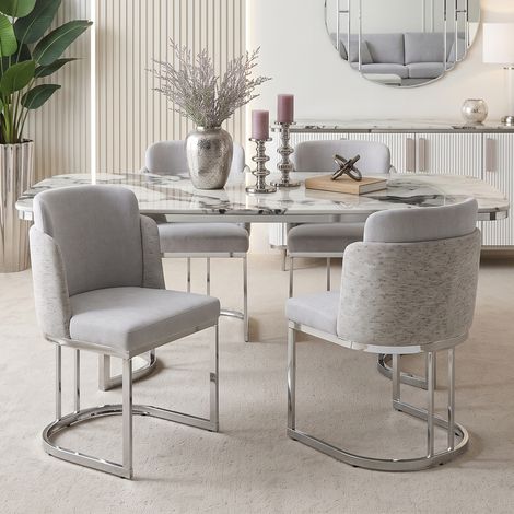 4 sillas de comedor, cómodas y transpirables, adecuadas para restaurantes, salas de estar, cafeterías y otros lugares, estilo moderno, patas de silla galvanizadas en plata, tela de chenilla, gris clar (1/5)