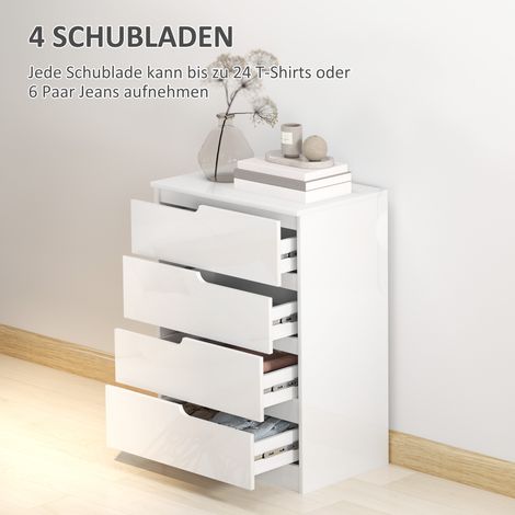 Commode design 4 tiroirs blanc bois avec système anti-renversement et patins de protection