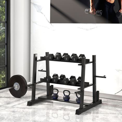 Soporte 3 niveles para mancuernas con discos y kettlebells, acero negro, 200 kg DESVIAE (1/5)
