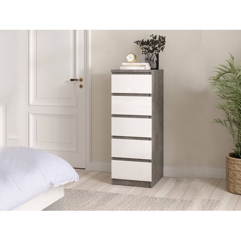 Dmora - Cassettiera Achaldi, Settimino multiuso, Comò camera da letto, Mobile con cassetti, 50x40 h111 cm, Cemento e Bianco lucido (1/5)