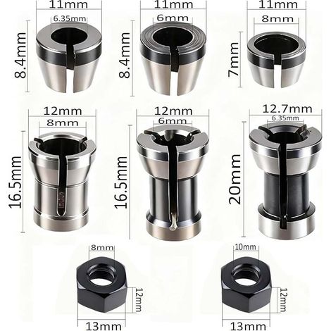 Spannzangensatz, 6 Spannadapter (6 mm, 6,35 mm, 8 mm) und 2 Muttern, Präzisionsspannzangen für Gravur- und Holzbearbeitung (8-teilig) (1/4)