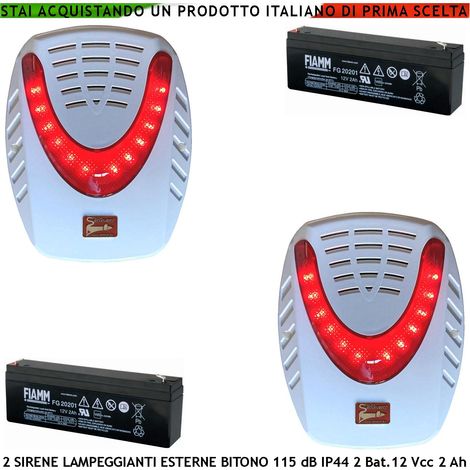 Sirena Allarme da Esterno Lampeggiante Led a V 2 Pezzi Nota A/B 1724/2475 Hz 115 dB Comando a Caduta +/- 2 Segnali Stato Impianto Antifurto 2 Batterie 12 V 2 Ah Alimentazione 12 V Batterie 12 V 2 Ah (1/3)
