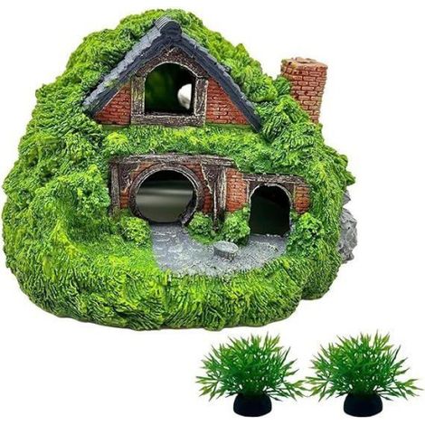 1 Ornement aquarium, Maison hobbit résine, Cachette poissons, Décoration verte, Pour betta et reptiles (1/2)