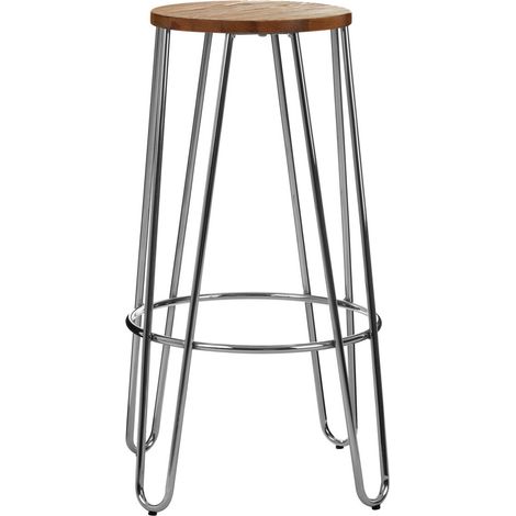Interiors by Premier Chrome Metal and Elm Wood Round Bar Stool, Hairpin Stool, Sturdy Stool for Bar, Kitchen Counter (1/5)