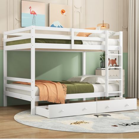 Litera de madera de pino y MDF blanca 140x200 cm con almacenaje, escalera lateral y somieres incluidos (1/5)