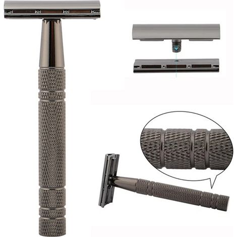 Tondeuse à barbe manuelle à double tranchant en acier inoxydable noir mat pour hommes (1/5)