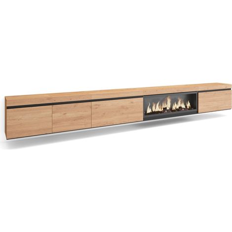 Skraut Home - Mueble TV, Televisión, Muebles de salón, almacenaje, 368x45x35, Chimenea eléctrica XXL, Colgado, Suspendido, Estilo Moderno, Roble (1/5)