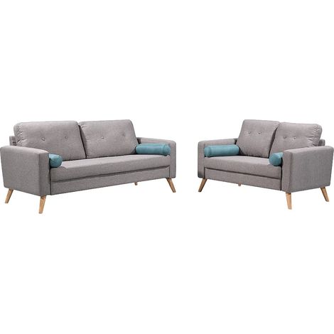 Vente-Unique – Canapé droit 3 places en tissu chiné gris – Assise ergonomique avec mousse recyclée – Coussins inclus – Pieds en bois scandinave (1/3)
