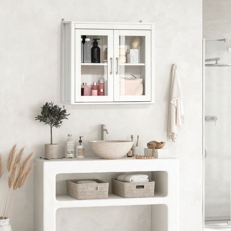 Armoire Salle Bain Murale Portes Vitrées Étagère Réglable Mobilier Moderne Suspendu Intérieur Blanc 60x19,5x54cm (1/4)