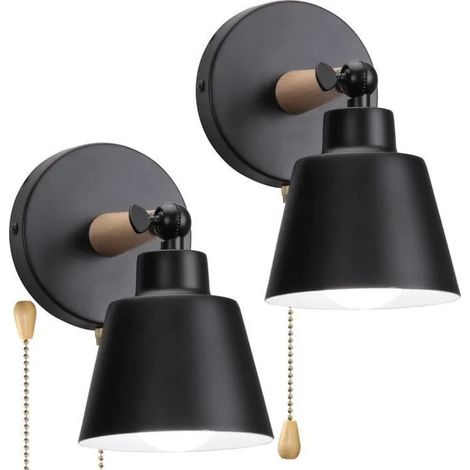Lot de 2 appliques industriel murales e27 luminaire interieur noir réglable lampe en bois métal avec interrupteur vintage (1/5)