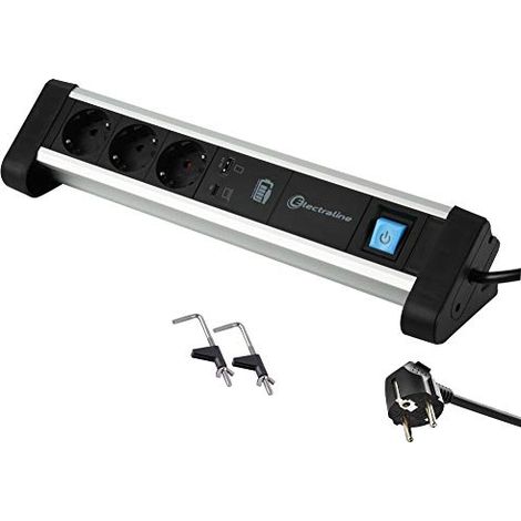 Electraline - 62556, Ciabatta di alimentazione multipla per ufficio, con 3 prese Schuko + 2 porte USB 60 W (1 Tipo C (Power Delivery) per la ricarica dei computer + 1 USB 3,0 A ricarica rapida), (1/4)