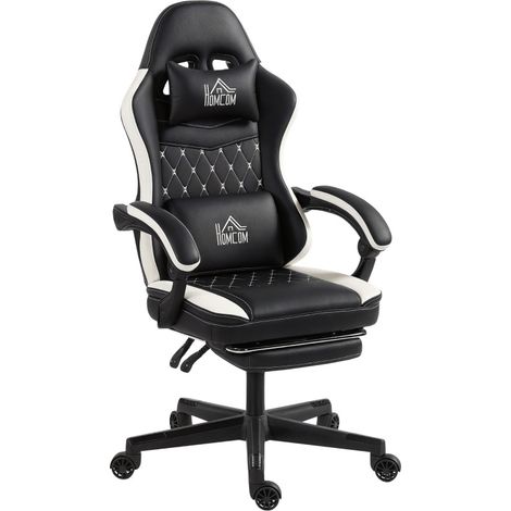 Sedia gaming reclinabile con poggiapiedi, poggiatesta e cuscino, ecopelle nero bianco (1/5)