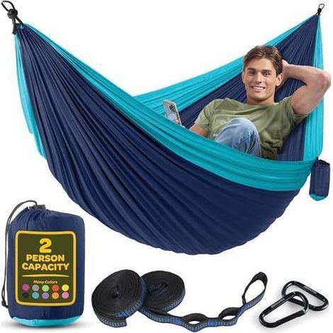 Double Hammock, Flexible, Ultra-Light and Portable, 350 kg Capacity, Ideal for Garden, Camping, Travel, Dark Blue (1/5)