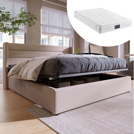 DESVIAE Lit coffre rembourré hydraulique 160x200 cm en lin beige avec tête de lit capitonnée sommier à lattes et grand espace de rangement (1/5)
