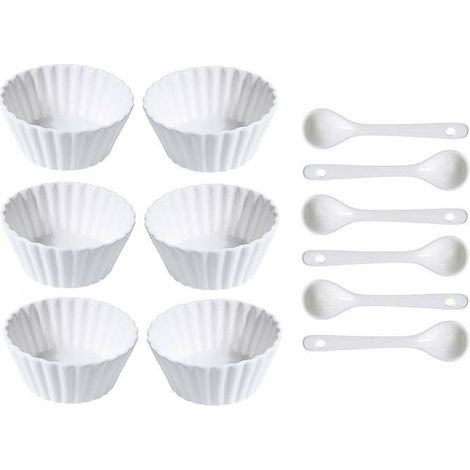12 pièces bols en porcelaine, forme vague étroite, cuillères incluses, service apéritif et desserts, usage four et lave-vaisselle