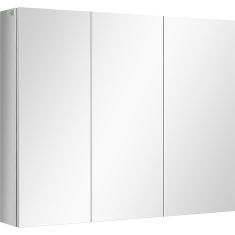 Miroir de salle de bain armoire murale avec 3 portes miroir, 5 étagères, acier inoxydable argenté, 70 x 12 x 55 cm CHICFURN (1/5)
