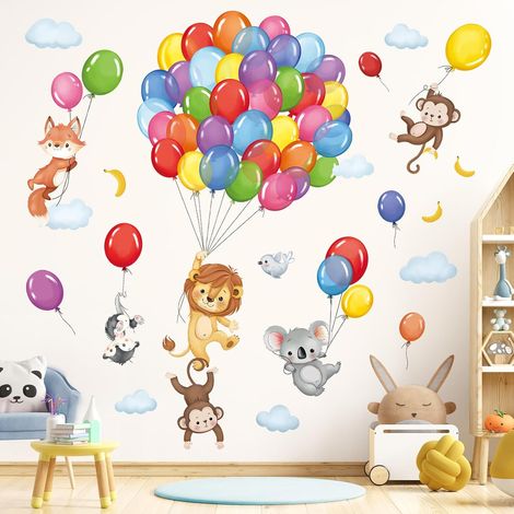 JeiibrZui Tatouage mural animaux de la forêt ballons - 100 cm x 100 cm - 2 feuilles - Sticker mural singe lion koala pour chambre d'enfant, crèche, salon (1/5)