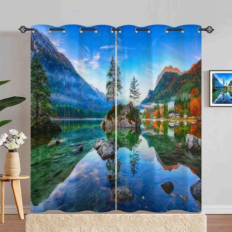 Rideau Occultant Automne Paysage Montagne Lac Tenture Opaque à Oeillets Draperies Intérieurs Rideau Thermique Isolant pour Maison Chambre Salon Fenetre 2 Pièces L 140 x H 280 cm - 140L X 280H cm (2 Pa (1/5)