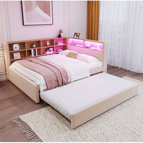 Schlafsofa 140x200 cm Beige aus Flanell mit Ausziehbett, LED-Beleuchtung, USB-C und Stauraum (1/5)