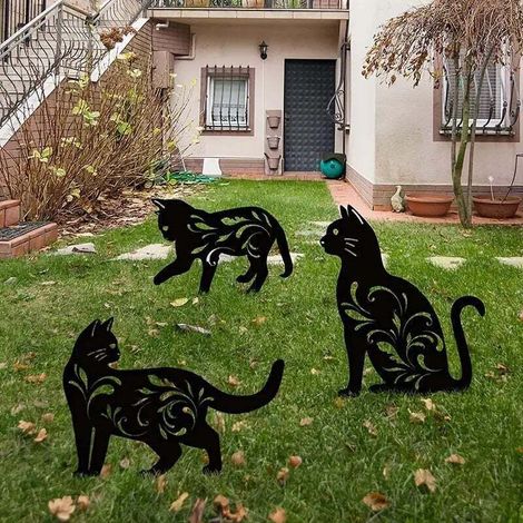 Set di 3 statue da giardino in metallo con silhouette di gatto nero, paletti decorativi da giardino, statue di animali per la decorazione di cortili e prati -Crezuo