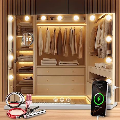 Miroir Coiffeuse de Maquillage 58×46 cm, 15 LED Super HD Makeup Vanity Mirror avec Grossissement ×10, 3 Couleurs de Lumière Intensité Réglable, Port USB–pour Femmes et Filles (1/5)