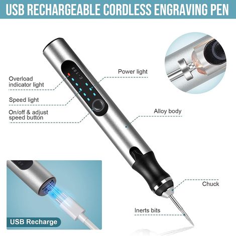 Graveur Multifonctionnel - 3 Niveaux Réglables - Pour Métal Verre Pierre Bois - Rechargeable USB - 44 Accessoires - 1 Pièce (1/5)
