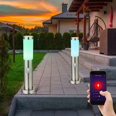 Sockelleuchte E27 Stehlampe Garten Smart Home Außenleuchte Bewegungsmelder, App-Sprachsteuerung dimmbar Timer CCT, IP44, Edelstahl, 1x RGB LED 10W 806Lm 2700-6400K, DxH 7,6x45cm, 2er Set
