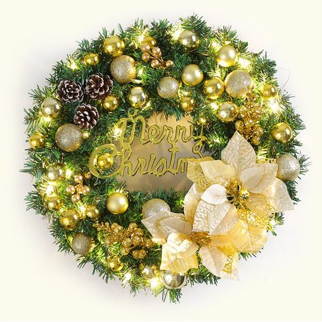 Corona navideña con luces LED, 40 cm, piñas artificiales, corona para puerta con la inscripción "Feliz Navidad". Guirnalda navideña decorativa para puerta principal, chimenea y escaleras. (1/4)