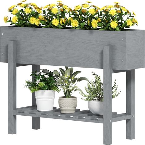 Jardinière surélevée avec étagère inférieure et 2 trous de drainage, en bois de sapin, 100 x 30 x 70,5 cm, grise