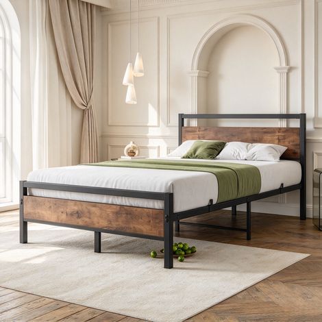 Lit 90x200 cm,Cadre de lit en métal et Bois,Lit Moderne pour Adolescent avec sommier à Lattes,pour Chambre d'amis,Montage Facile,Brun (1/5)