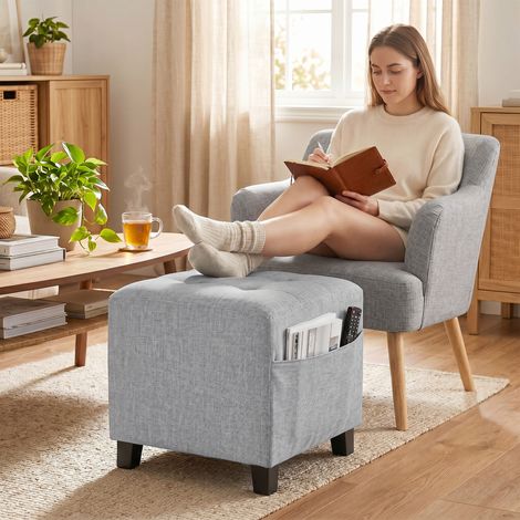 Pouf carré petit ottoman poche latérale tissu lin pieds caoutchouc gris clair (1/5)