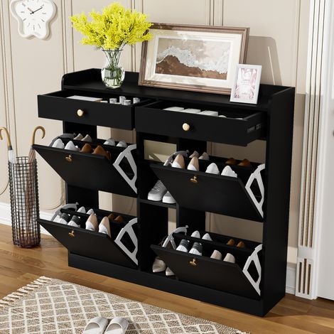 Schwarzer Schuhschrank mit 4 Klapptüren, 2 Schubladen und 3 offenen Fächern, moderne Schuhkommode für Flur und Eingangsbereich, 110 x 26 x 100 cm