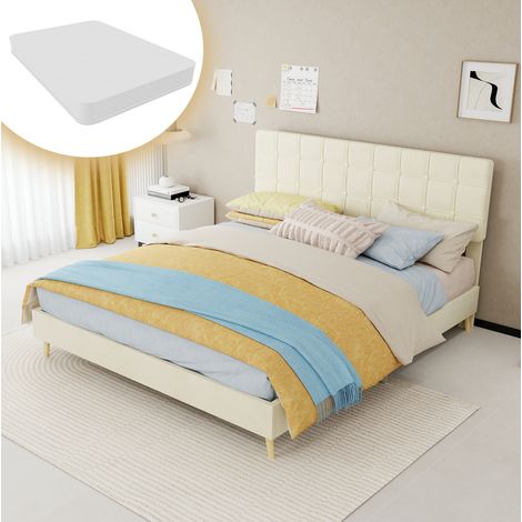 Cama 160x200 cm con cabecero acolchado a cuadros, tejido beige, colchón incluido OKMYHOME (1/5)