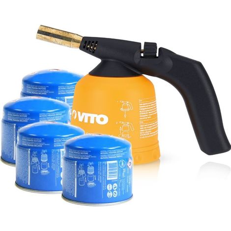 Lampe a souder à gaz ABS Allumage piezo + 4 Cartouches de gaz 190gr Perçables VITO