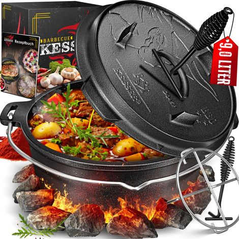 KESSER® Dutch Oven Set BBQ, Pentola in ghisa con manico per sollevare il coperchio e slot per termometro, Pentola per barbecue, Bollitore per gulasch, DO9P - 9,0 litri / Vaso senza piedi (1/5)