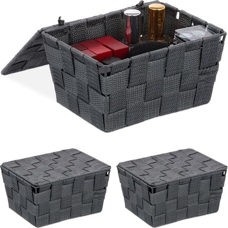 3x Cestini con Coperchio, Portaoggetti da Bagno, PP Intrecciato, HLP 10,5 x 19,5 x 14,5 cm, Grigio