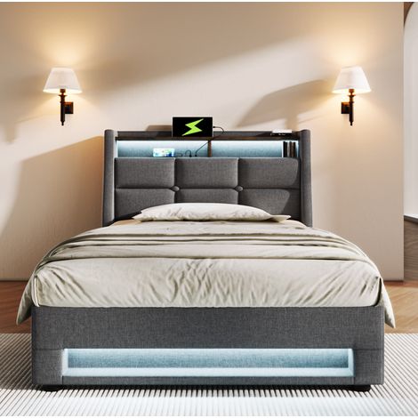 Letto imbottito in lino grigio 90x200 cm con contenitore, LED, USB, rete inclusa e materasso a molle insacchettate (1/5)