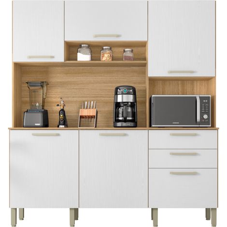 Beaux Meubles Pas Chers – Buffet de cuisine 6 portes 2 tiroirs imitation chêne et blanc – Largeur 180.2 cm – Hauteur 198 cm – Profondeur 38.8 cm – 8 pieds réglables (1/4)