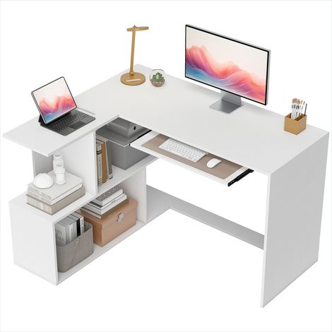 Bureau d'angle en L blanc avec rangements et plateau clavier (1/5)