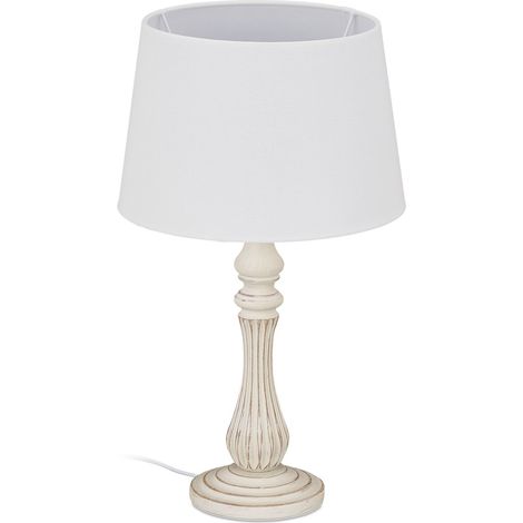Relaxdays Tischlampe Landhausstil, E14 Fassung, Stoff & Holz, Wohn- & Schlafzimmer, Nachttischlampe, HxD: 47x27 cm, weiß