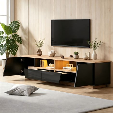 Meuble TV 180x40x46 cm, buffet TV avec 2 tiroirs et 2 armoires, support téléviseur LED intégré, plateau brillant laqué, meuble sous TV pour écrans jusqu'à 75 pouces, finition noire et bois. (1/5)