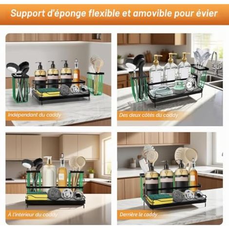 Organisateur d'évier avec pierre de séchage instantané et 2 porte-brosses, porte-éponge de cuisine en acier au carbone, organiseur d'évier