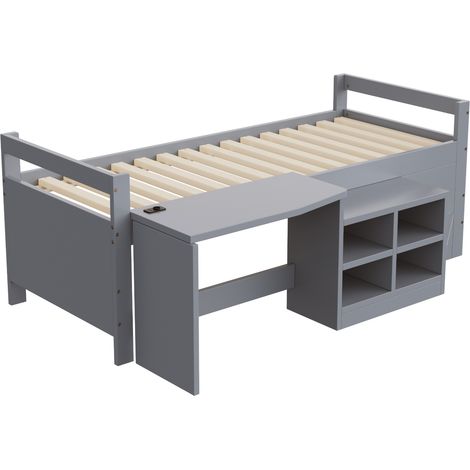 Letto per bambini 90 x 200 cm con contenitori, scrivania e prese, grigio (1/5)