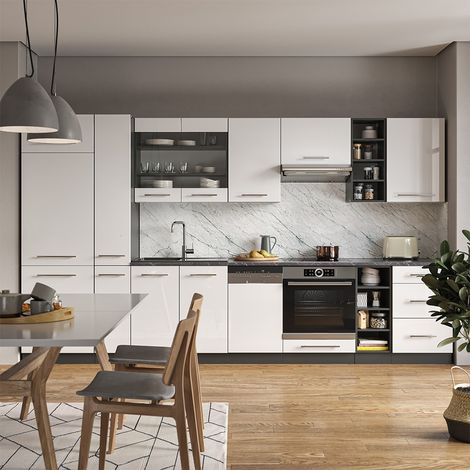 Cucina componibile Fame-Line, Bianco lucido/antracite, 355 cm , PL Rovere, Vicco
