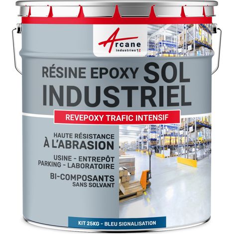 Peinture sol, résine epoxy, revêtement sol industriel et sol béton, usine, parking : Revepoxy trafic intensif - 25 kg (jusqu'à 50 m² en 2 couches) Bleu signalisation - RAL 5017 - ARCANE INDUSTRIES