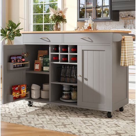 Isla de cocina 102x45x92 cm gris en MDF y metal con ruedas, botellero y almacenaje ajustable (1/5)