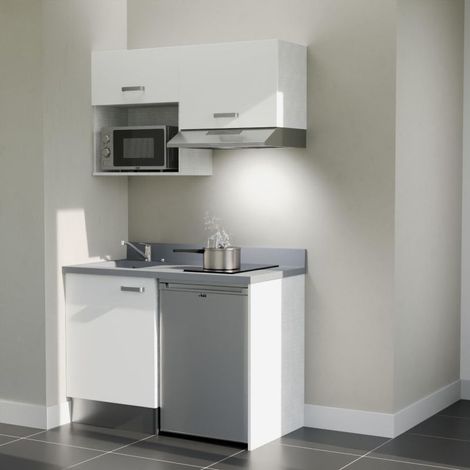 Kitchenette K02L - 120 cm - plan monobloc évier intégré Cromo- évier à gauche - Façades Blanc + Electroménager inclus coloris Inox