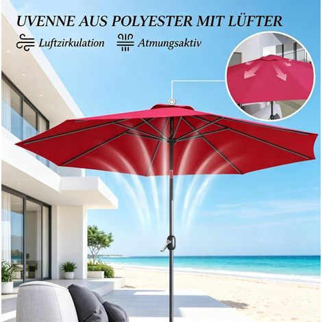 Parasol de jardin octogonal 295 cm en polyester 180 g/m², couleur rouge bordeaux, pour terrasse et balcon (1/5)