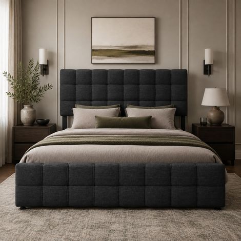 Letto matrimoniale 140x200 cm in lino nero, con contenitore per camera, senza materasso - FLORAGRACE (1/5)
